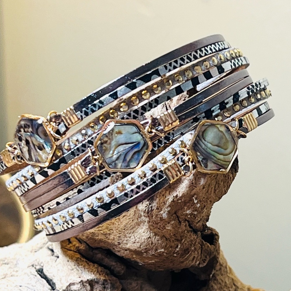 Multi strand leather stone bracelet.